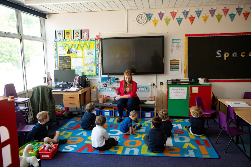 Children of essential workers socially distance whilst in lesson at Kempsey Primary School in Worcester. Nursery and primary pupils could return to classes from June 1 following the announcement of plans for a phased reopening of schools.