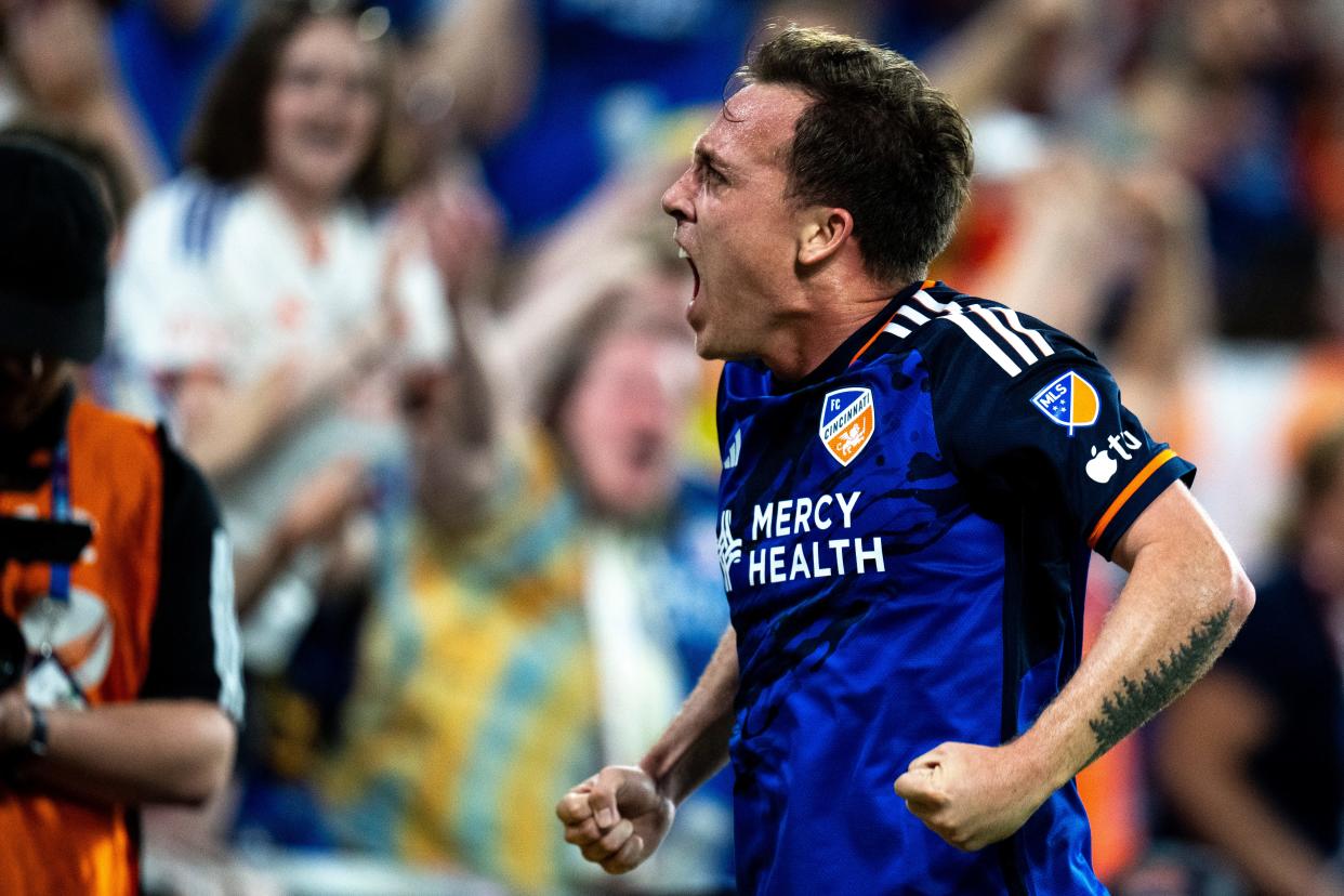 FC Cincinnati forward Corey Baird  reacts after what eventually became the game-winning goal in the 63rd minute. It was Baird's first goal since signing with the club in the offseason.