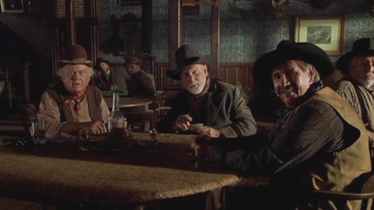 Harry Carey Jr., Pat Buttram and Dub Taylor in 'Back to the Future Part III'. (Credit: Universal)