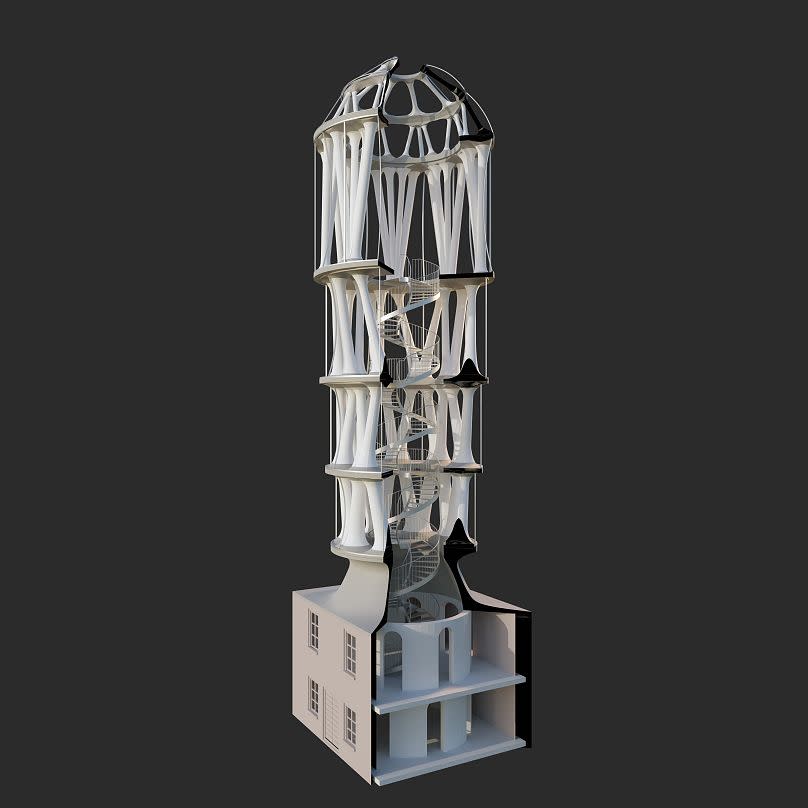 La estructura de 30 metros de altura se compone de 32 columnas en forma de Y, con cinco niveles conectados por una escalera central y sinuosa.