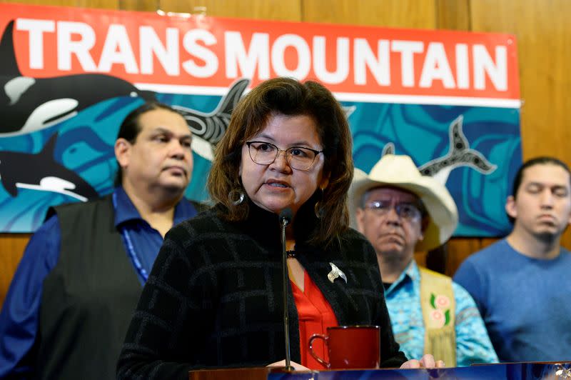 FILE PHOTO: Coast Salish drummers and First Nations chiefs attend a briefing in Vancouver