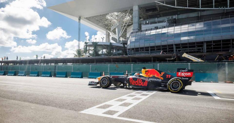Sergio Perez drives the RB7. Miami April 2022. Credit: PA Images