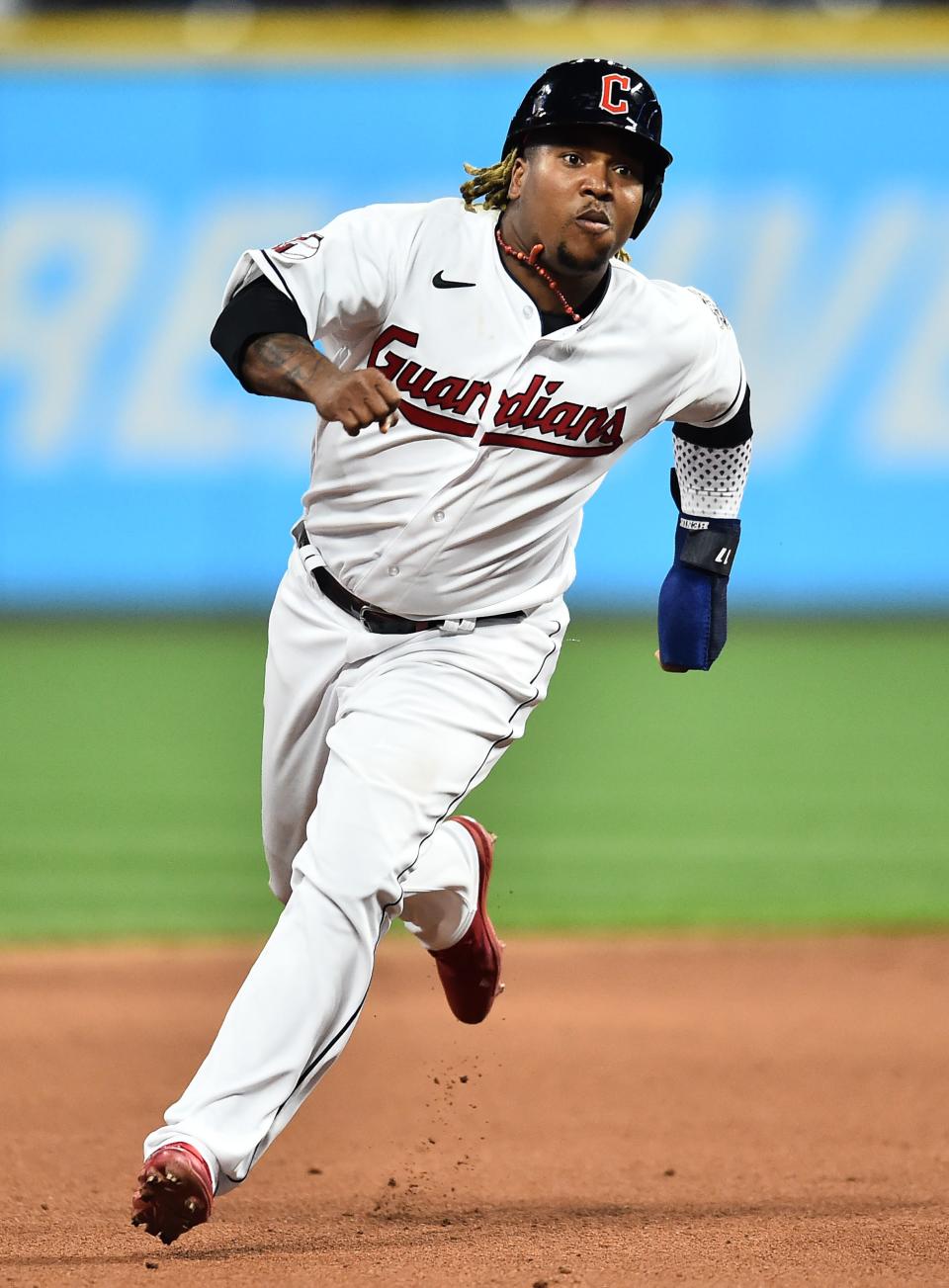 Apr 15, 2022; Cleveland, Ohio, USA; Cleveland Guardians third baseman Jose Ramirez advances to third on a hit by Cleveland Guardians designated hitter Franmil Reyes (not pictured) during the seventh inning against the San Francisco Giants at Progressive Field. Mandatory Credit: Ken Blaze-USA TODAY Sports