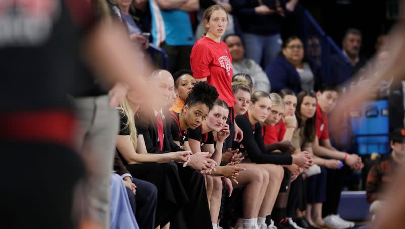 Players and staff on the Utah bench react toward the end of a second-round college basketball game against Gonzaga in the NCAA Tournament in Spokane, Wash., Monday, March 25, 2024.