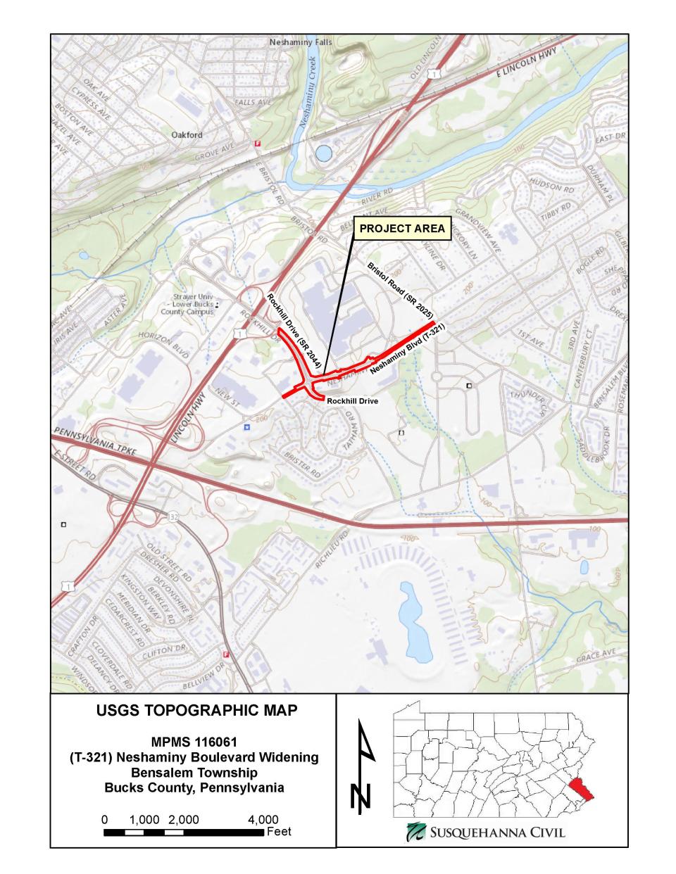 Target area of PennDOT's Rockhill Drive and Neshaminy Boulevard Intersection Improvement project. PennDOT will convene a virtual public meeting to discuss this project on Wednesday, September 6.