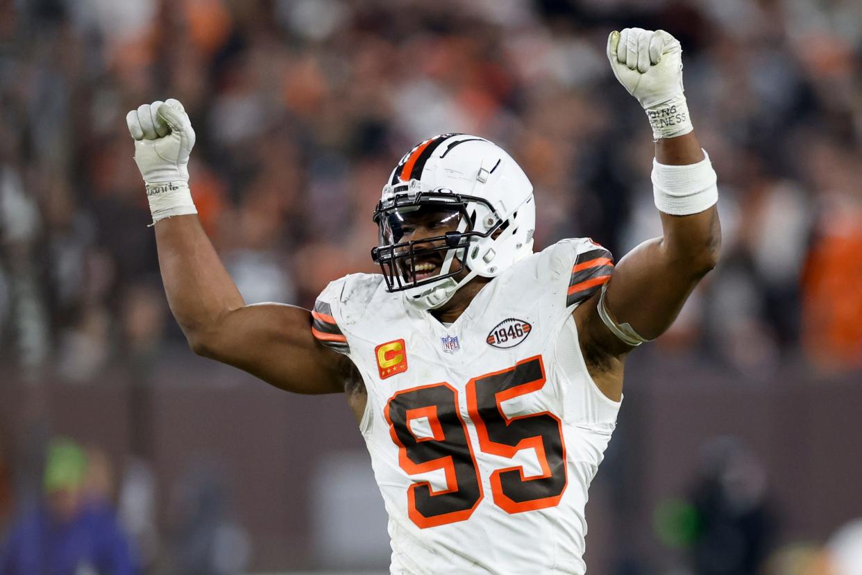 Browns defensive end Myles Garrett celebrates during the second half against the New York Jets Thursday, Dec. 28, 2023, in Cleveland.
