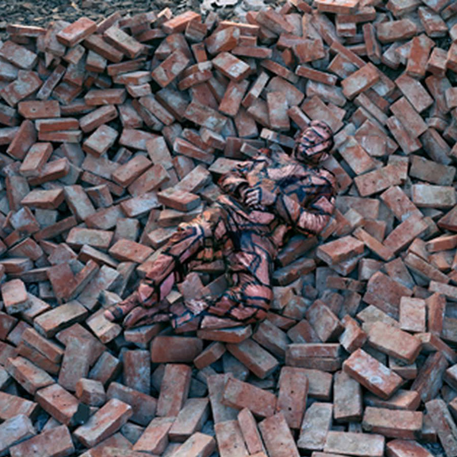 A pile of bricks are laid on the floor but where is the invisible man?