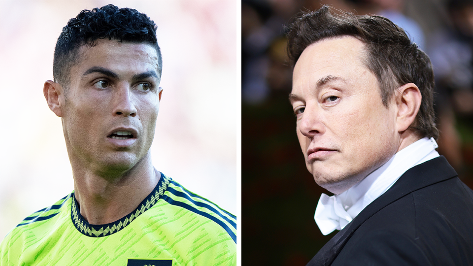 Tesla billionaire Elon Musk (pictured right) on the red carpet and (pictured left) Cristiano Ronaldo during a match.