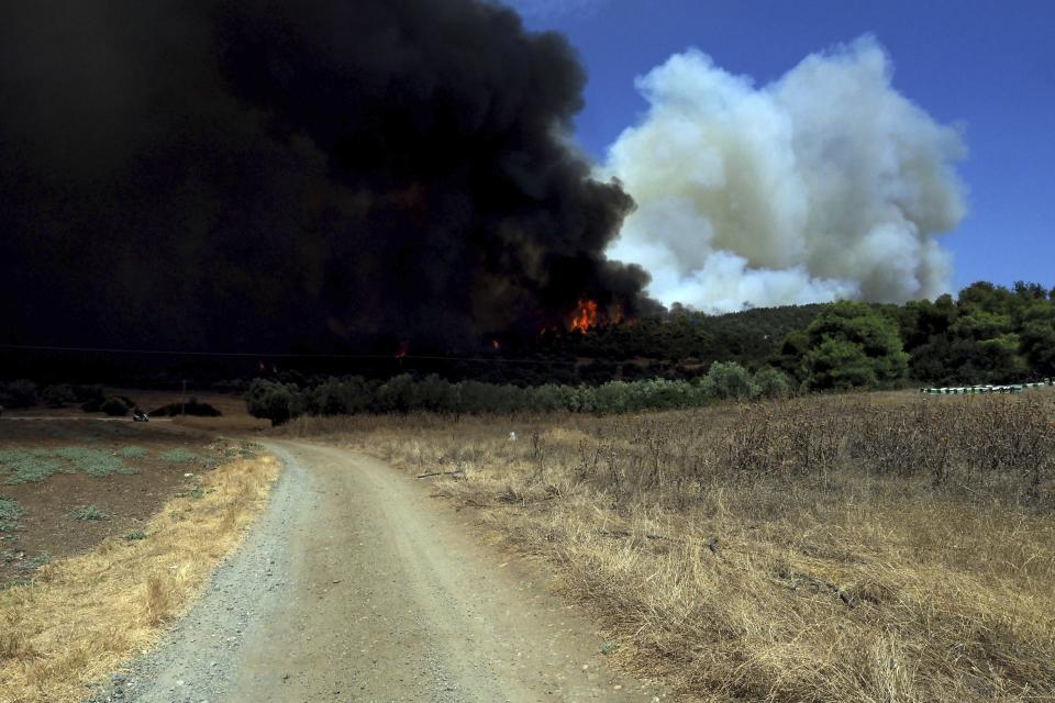 A wildfire burns near Vatontas village on the Aegean Sea island of Evia, Greece, Monday, Aug. 21, 2023. Major wildfires were burning in Greece and on one of Spain's Canary Islands off the African coast Monday, with hot, dry and windy conditions hampering the efforts of hundreds of firefighters battling the blazes, two of which have been burning for several days. (AP Photo/Thodoris Nikolaou)