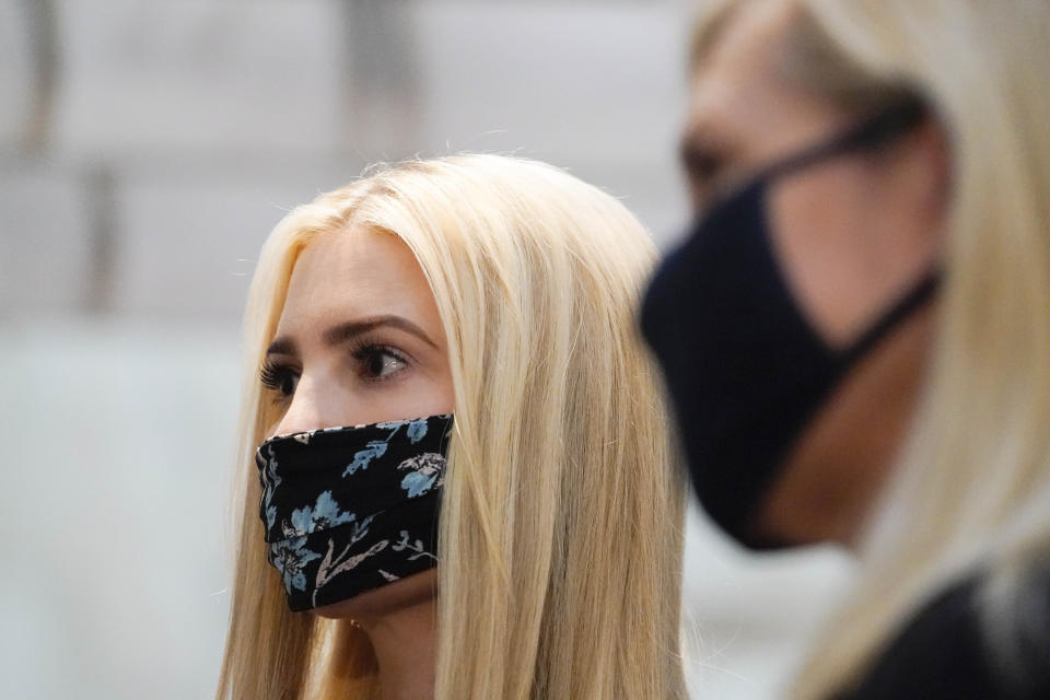 Ivanka Trump, center, listens during a tour at the Georgia Center for Child Advocacy on Monday, Sept. 21, 2020, in Atlanta. (AP Photo/Brynn Anderson)