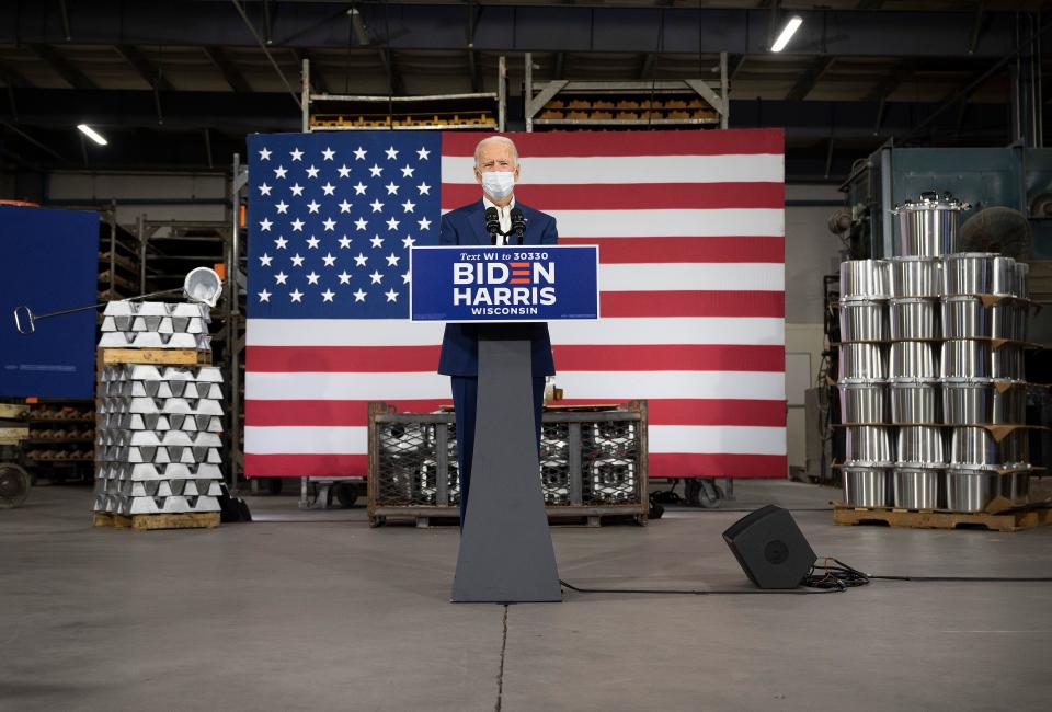 Democratic Presidential Candidate Joe Biden delivers remarks at an aluminum manufacturing facility in Manitowoc, Wisconsin, on September 21, 2020. (Photo by JIM WATSON / AFP) (Photo by JIM WATSON/AFP via Getty Images)