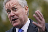 FILE - White House chief of staff Mark Meadows speaks with reporters outside the White House, Oct. 26, 2020, in Washington. The House panel investigating the Jan. 6 Capitol insurrection says it has “no choice” but to move forward with contempt charges against former Trump White House chief of staff Mark Meadows. (AP Photo/Patrick Semansky, File)