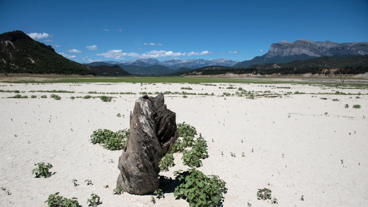  Picture shows the Mediano reservoir at 25.5% of its capacity due to the ongoing drought, on July 26, 2023 in Mediano, Huesca province. 