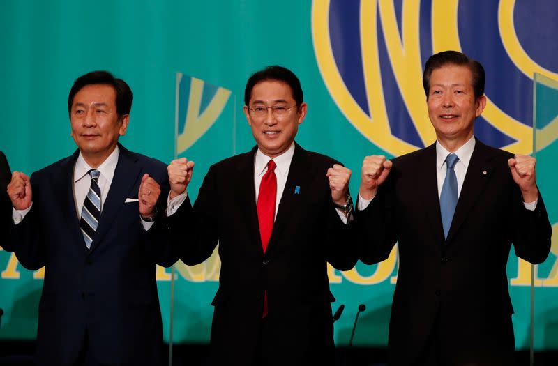 Leaders of Japan's main political parties attend a debate session ahead of October 31, 2021 lower house election in Tokyo