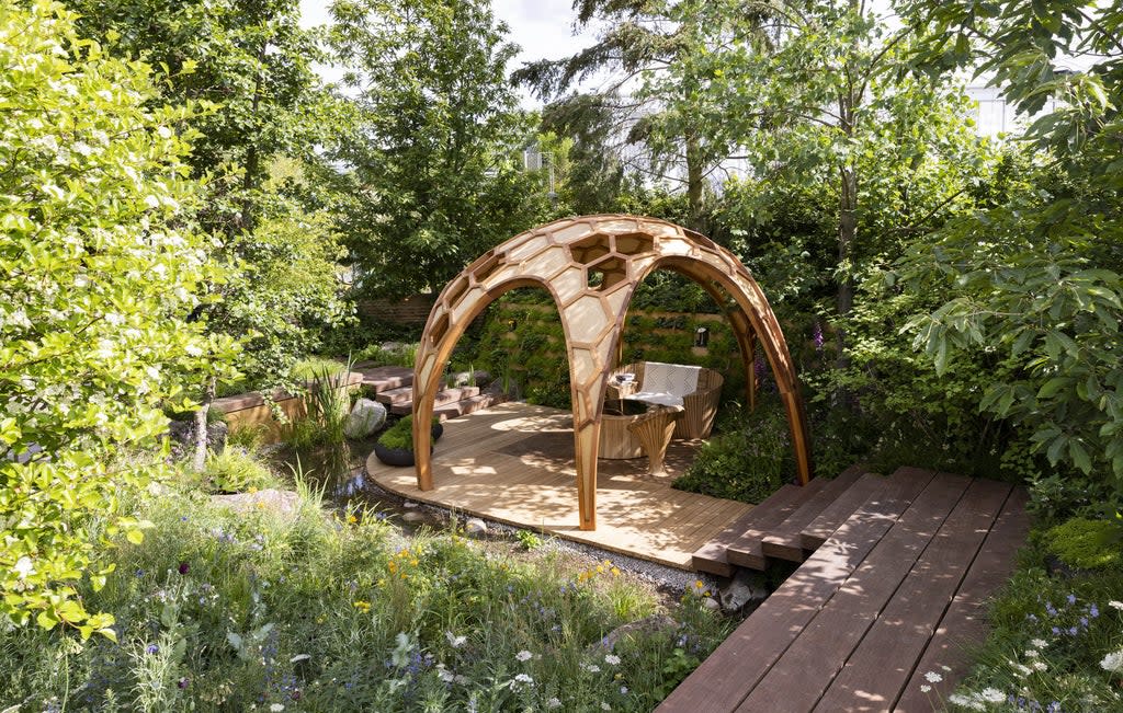 The ‘Meta Garden: Growing the Future’ garden, designed by Joe Perkins at the RHS Chelsea Flower Show 2022 (Matt Alexander/PA)