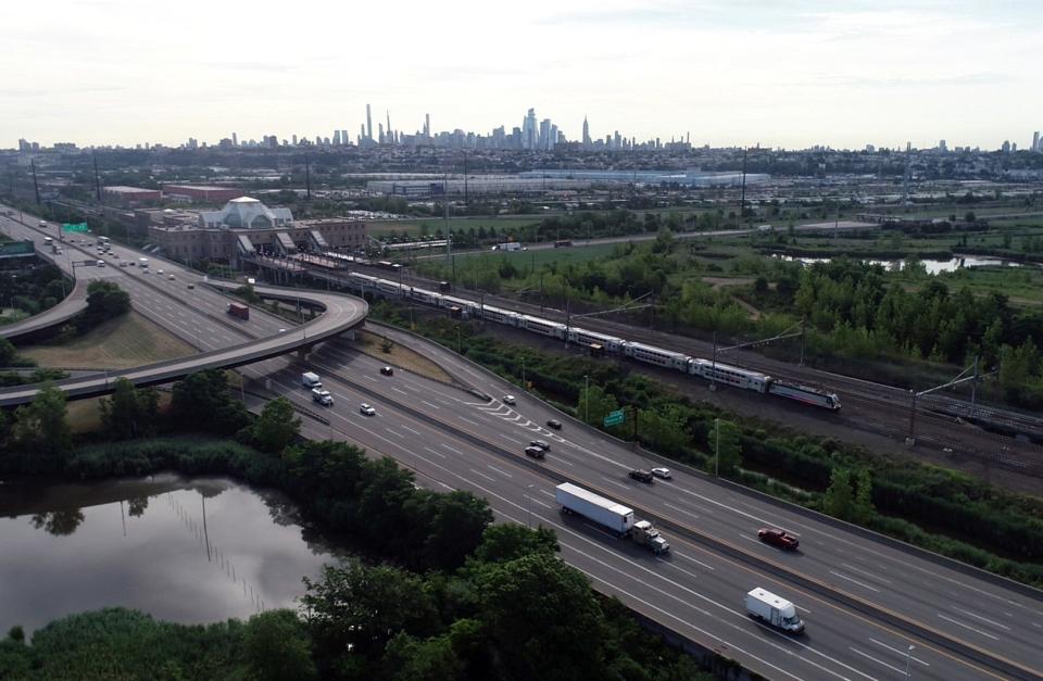 Drone image of an NJ Transit train pulling out of Secaucus Junction on Thursday, June 25, 2020, in Secaucus.