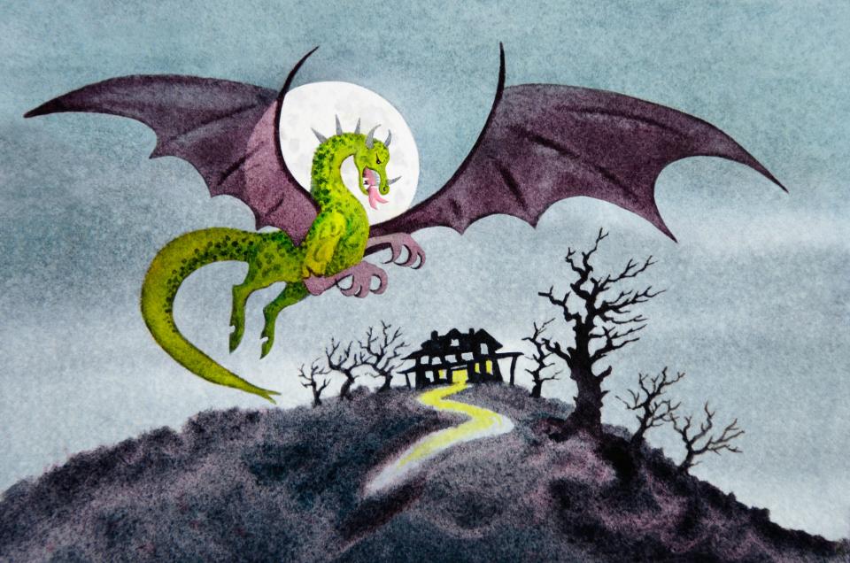 The Jersey Devil flies over the countryside in a traditional watercolor painting by artist Sandy Sandy. The Jersey Devil is described as having the head and neck of a horse with the horns of a bull, wings of a bat, tail of a serpent, talons of an eagle and cloven hooves of a goat.