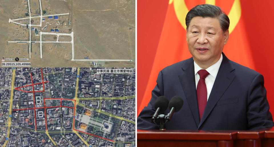 Left: Satellite image showing Chinese military training site in China's Inner Mongolia region with an image of the road network near Taiwan's Presidential Palace. Right: Close up of China's president Xi Jinping