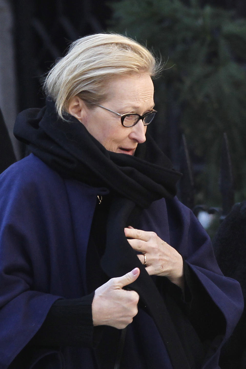 Actress Meryl Streep arrives at the Church of St. Ignatius Loyola for the private funeral of actor Philip Seymour Hoffman Friday, Feb. 7, 2014, in New York. Hoffman, 46, was found dead Sunday of an apparent heroin overdose. (AP Photo/Jason DeCrow)