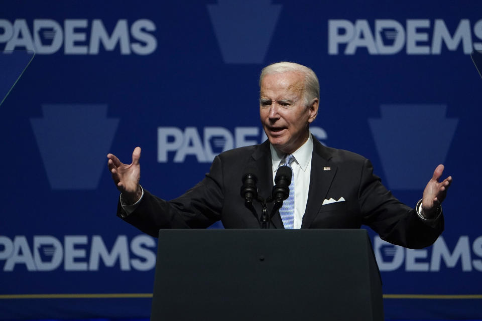 President Joe Biden speaks during the Pennsylvania Democratic Party's 3rd Annual Independence Dinner in Philadelphia, Friday, Oct. 28, 2022. (AP Photo/Manuel Balce Ceneta)