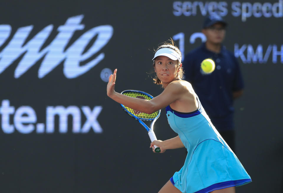 Ena Shibahara of Japan, returns a shot to Darija Jurak of Croatia and Andreja Klepac, of Slovenia, during a doubles match of the Mexican Tennis WTA Finals in Guadalajara, Mexico, Wednesday, Nov. 10, 2021. (AP Photo/Refugio Ruiz)