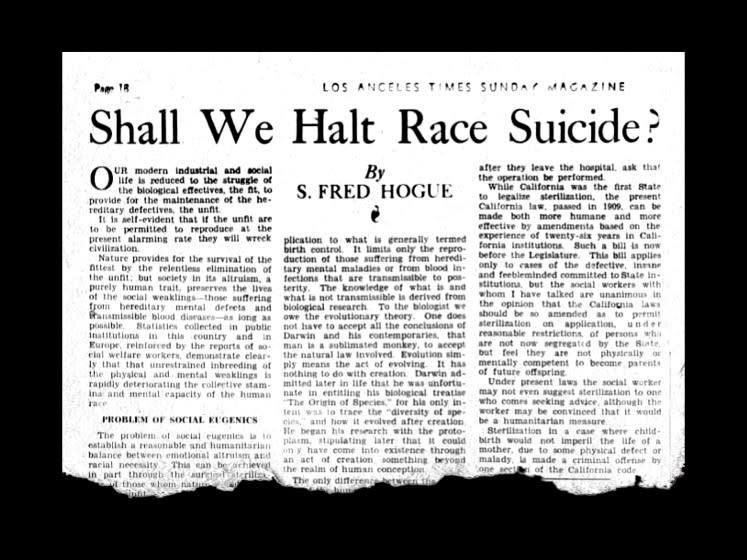S. Fred Hogue opinion piece, "Shall We Halt Race Suicide?" appeared in the Los Angeles Times Sunday Magazine in 1935.