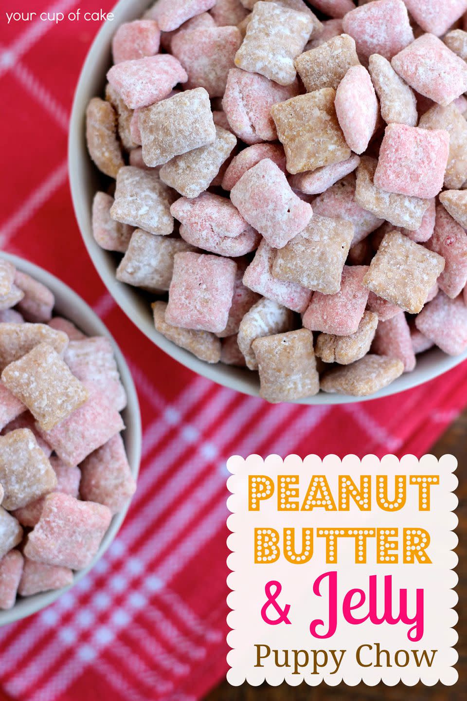 <p>This version of the quintessential party snack includes peanut butter baking chips and strawberry cake mix. </p><p><strong>Get the recipe at <a rel="nofollow noopener" href="http://www.yourcupofcake.com/2013/04/peanut-butter-jelly-puppy-chow.html" target="_blank" data-ylk="slk:Your Cup of Cake;elm:context_link;itc:0;sec:content-canvas" class="link ">Your Cup of Cake</a>.</strong></p>