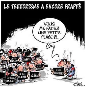 Eine ernstere Aussage steckt in dieser Karikatur, in der Brüssel nur das jüngste einer langen Reihe von Anschlagszielen ist. “Könnt ihr mit Platz machen”, bittet der “HeSuisBruxelles”-Mann.