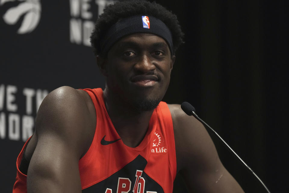 Toronto Raptors' Pascal Siakam speaks to reporters during the NBA basketball team's media day in Toronto Monday Oct. 2, 2023. (Chris Young/The Canadian Press via AP)