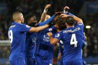 Britain Football Soccer - Leicester City v Sunderland - Premier League - King Power Stadium - 4/4/17 Leicester City's Jamie Vardy celebrates scoring their second goal with team mates Action Images via Reuters / Andrew Boyers Livepic