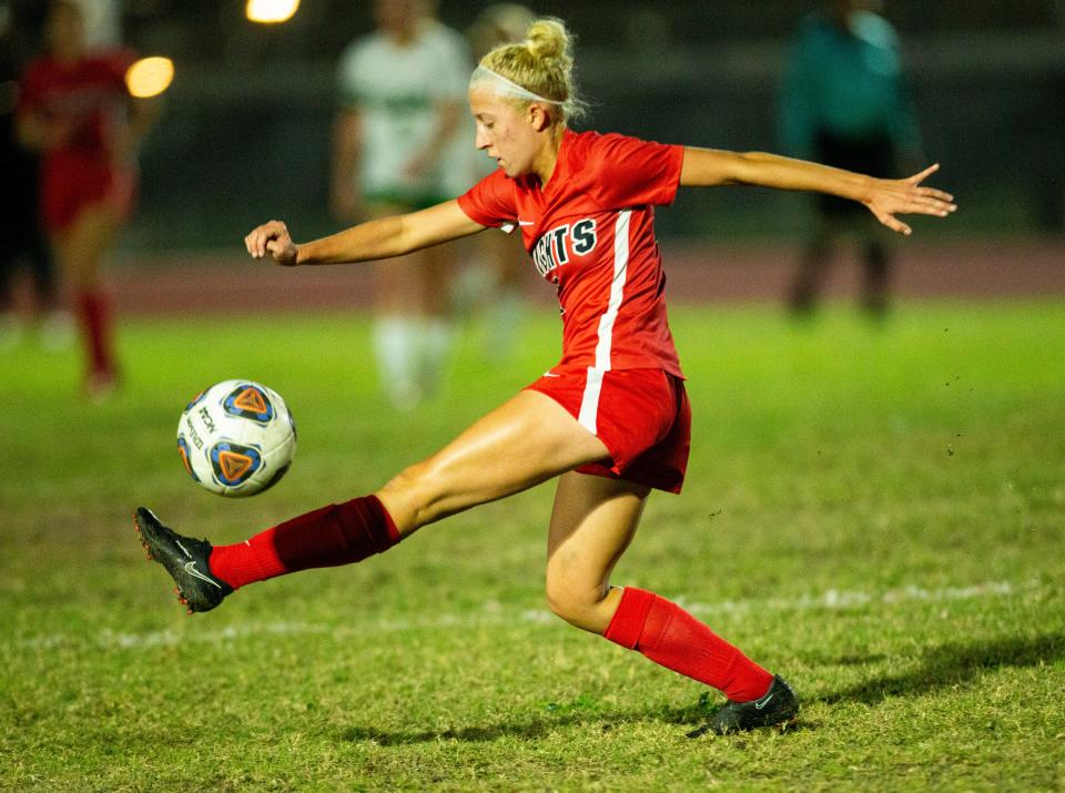 Evie McCarthy, of the North Fort Myers High School girls soccer team prepares to pass against Fort Myers High School at North Fort Myers High School on Wednesday, Jan. 11, 2022. North won.  