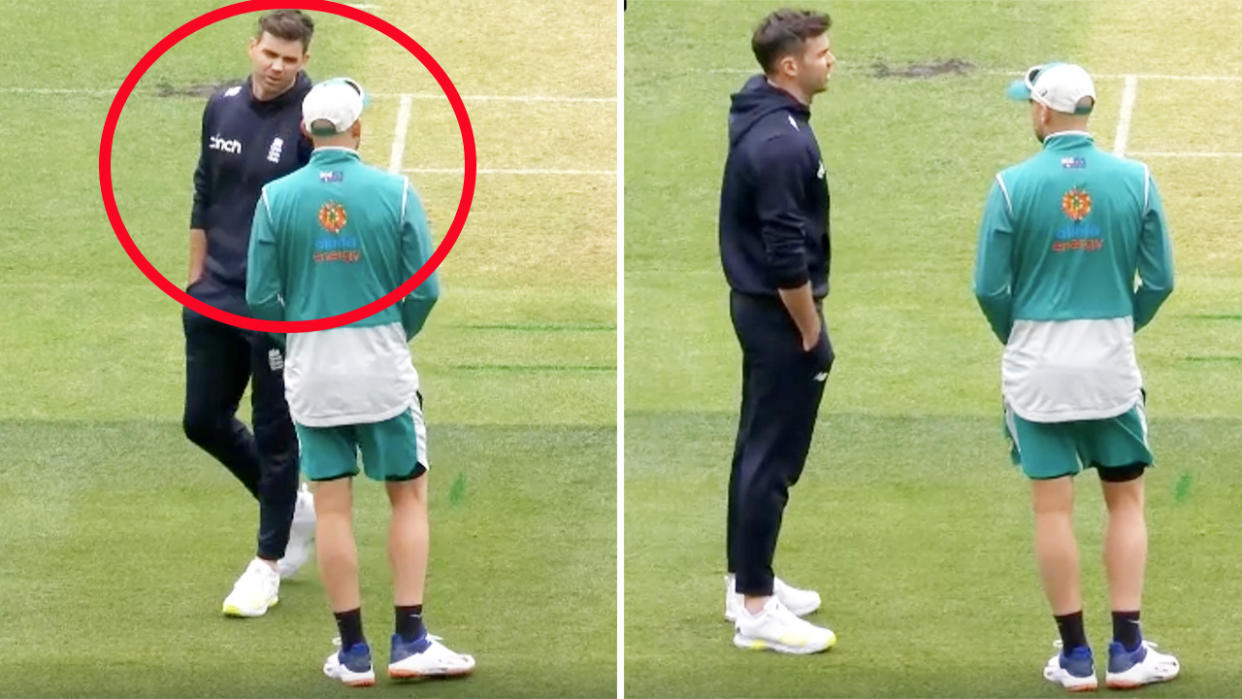 James Anderson, pictured here mingling with Nathan Lyon before play in the Boxing Day Test. 