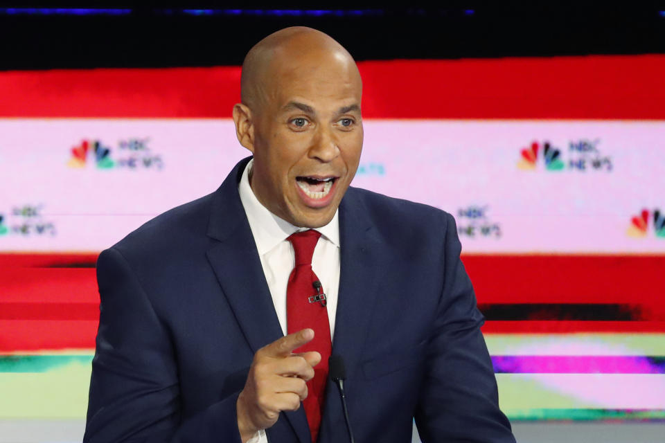 In this June 26, 2019 photo, Democratic presidential candidate Sen. Cory Booker, D-N.J., speaks during a Democratic primary debate hosted by NBC News at the Adrienne Arsht Center for the Performing Art, in Miami. (AP Photo/Wilfredo Lee)