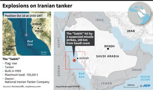 Map locating the Iranian tanker "Sabiti" hit Friday by two suspected missile strikes in the Red Sea, 100 km from the Saudi Arabian coast