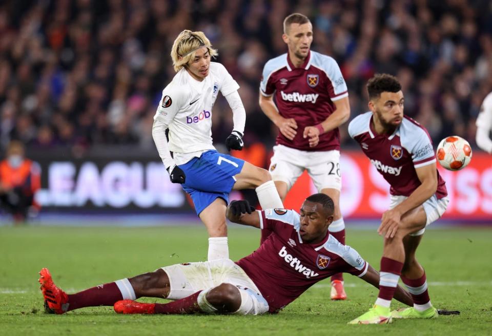 Junya Ito has a shot blocked by Issa Diop (Getty)