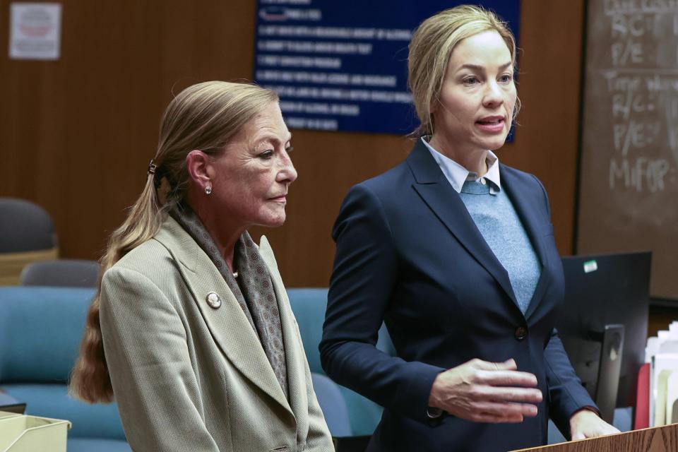 FILE - Dr. Fredericke Von Lintig, left, and her attorney Dana Grimes appear in court at the El Cajon courthouse on Wednesday, Oct. 26, 2022 in El Cajon, Calif. Jurors on Friday, Feb. 9, 2024, acquitted Danalee Pascua in the 2019 death of 24-year-old Elisa Serna at the Las Colinas Detention Facility in the San Diego suburb of Santee. Prosecutors said Serna was suffering substance abuse withdrawals and had several seizures before her death. They contended that Pascua and a jail doctor, Friederike Von Lintig, ignored her serious medical condition. (Eduardo Contreras/The San Diego Union-Tribune via AP, File)