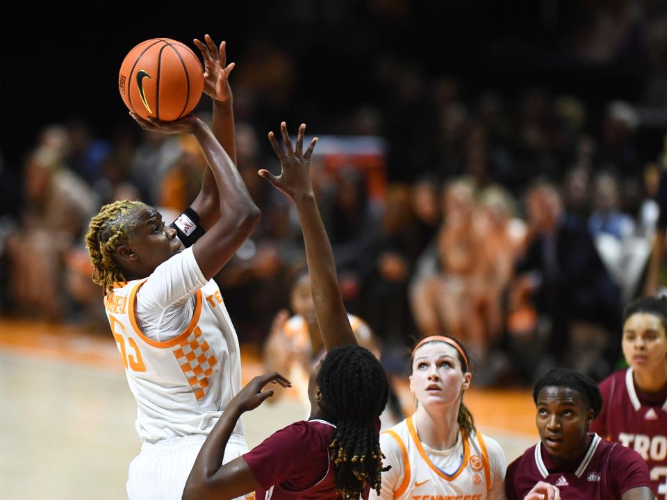 Tennessee's Jillian Hollingshead (53) with the shot attempt during an NCAA college basketball game against Troy on Sunday, November 19, 2023 in Knoxville, Tenn.
