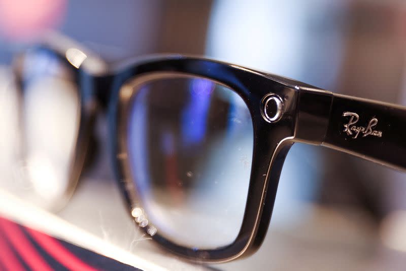 FILE PHOTO: A Ray-Ban sunglass frame is pictured for sale in a Sunglass Hut, both brands owned by EssilorLuxottica SA, in Manhattan