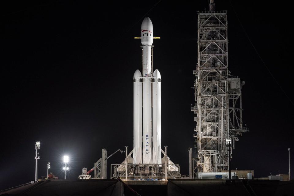 SpaceX plans to launch its huge new Falcon Heavy rocket for the first time on Feb. 6, 2018, during a 3-hour window that opens up at 1:30 p.m. EST. It is the most powerful U.S. rocket since NASA's Saturn V. The booster is essentially three Falcon 9 rockets in one, and liftoff will happen as 27 Merlin engines fire in unison. <cite>SpaceX</cite>