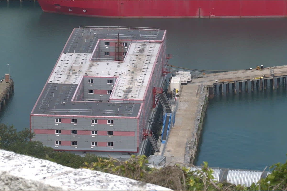 The Bibby Stockholm barge is moored in Portland Harbour (PA Wire)