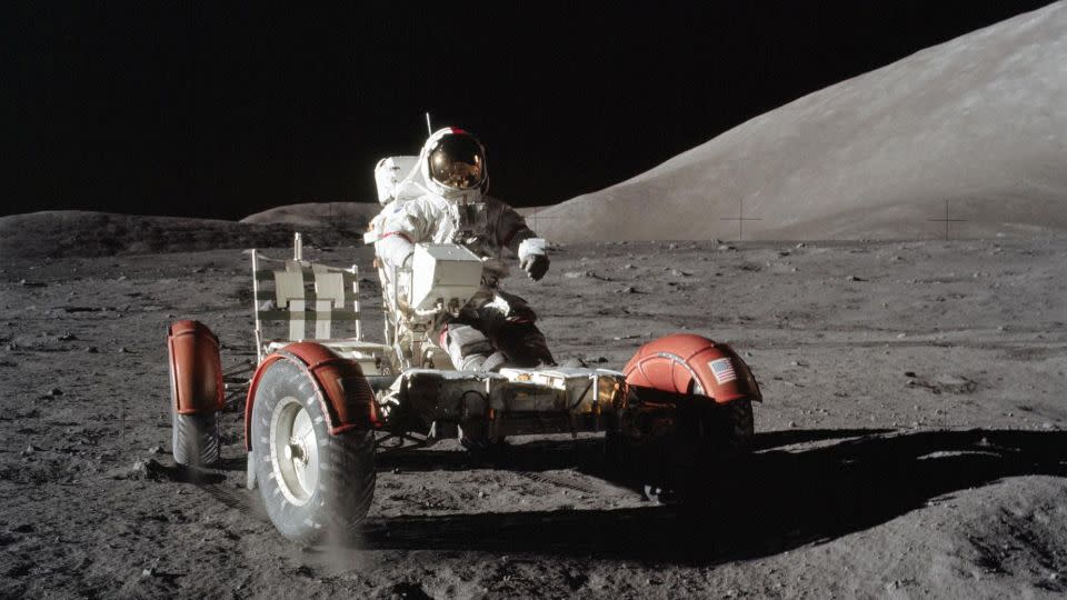 Astronaut Eugene A. Cernan drove a lunar rover on the lunar surface during the Apollo 17 mission in 1972. He is still on the Moon more than 50 years later.  -NASA/JSC