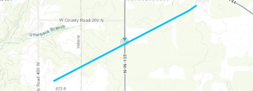 The path of a confirmed tornado during March 31, 2023 storms near Bargersville.