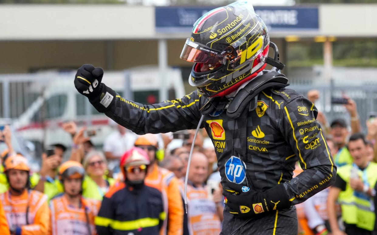 Charles Leclerc celebrates his victory