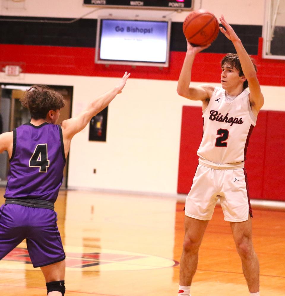 Rosecrans' Grady Labishak shoots a 3 against Millersport on Saturday. Labishak hit 8 3s on his way to setting the school records for 3s made in a single season and career.