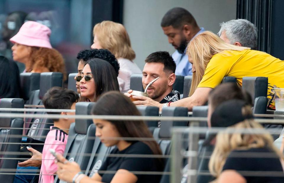Inter Miami forward Lionel Messi (10) drinks mate as he watches his team play against CF Montréal in the first half of their MLS match at Chase Stadium on Sunday, March 10, 2024, in Fort Lauderdale, Fla.