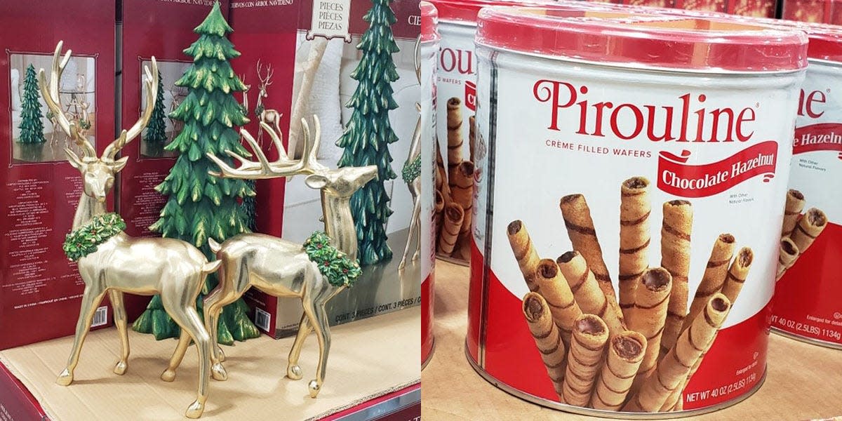 On the left, Decorative piece of two deer and an evergreen tree in front of stacked red boxes at Costco. On the right, red and white containers of pirouline wafers at costco.