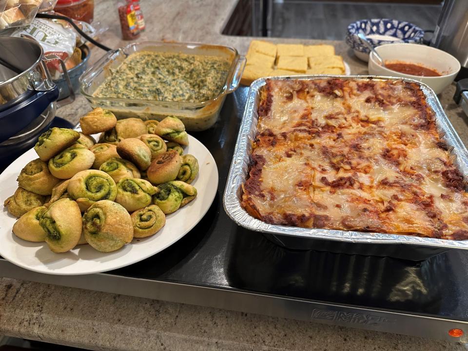 Spinach dip, pesto pinwheels and lasagna made for Shari Wexler's vegan Super Bowl party.