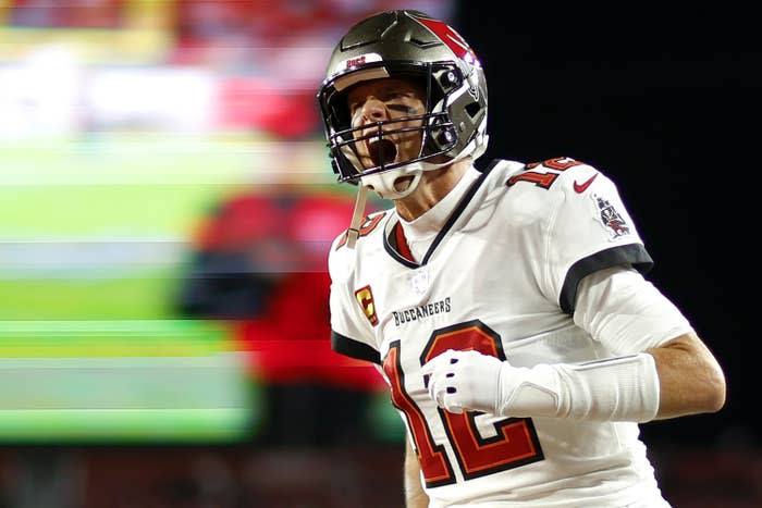 Tom Brady yelling while on the field for the Tampa Bay Buccaneers