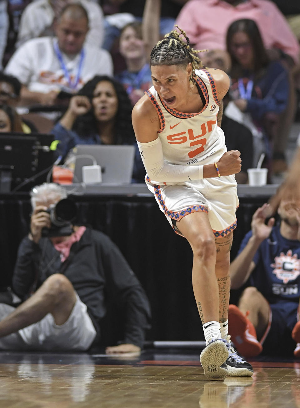Connecticut Sun guard Natisha Hiedeman (2) celebrates after scoring on a fast break against the Dallas Wings during Game 1 of a WNBA basketball first-round playoff series Thursday, Aug. 18, 2022, in Uncasville, Conn. (Sean D. Elliot/The Day via AP)