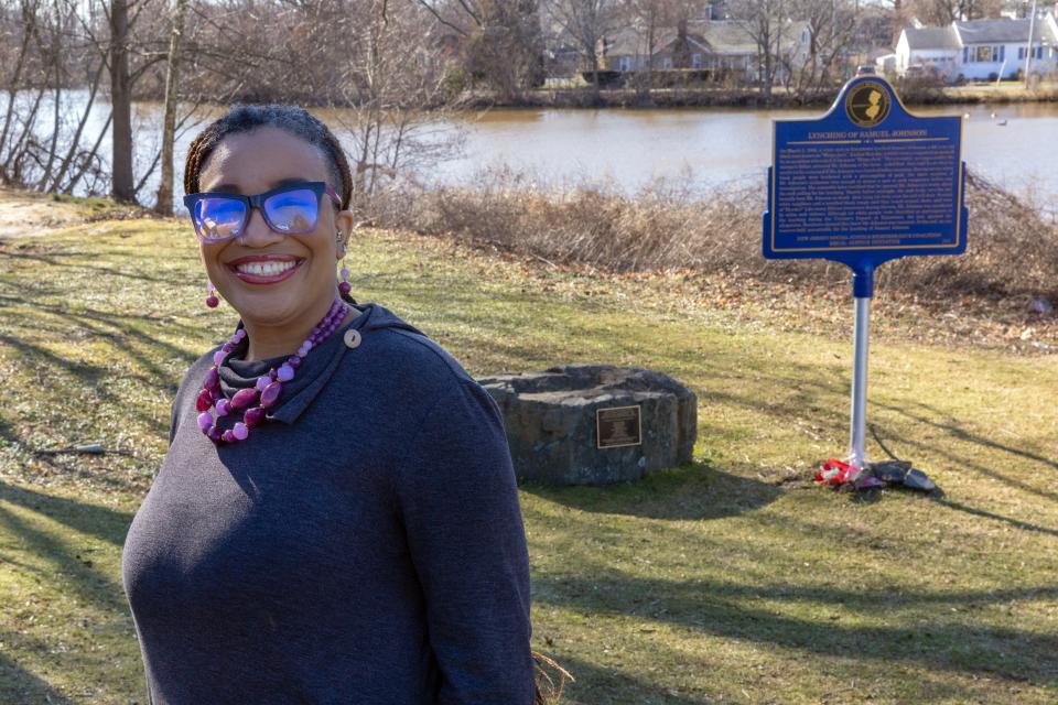 Eatontown Councilwoman Danielle Jones at a monument commemorating a lynching that took place in  the town.